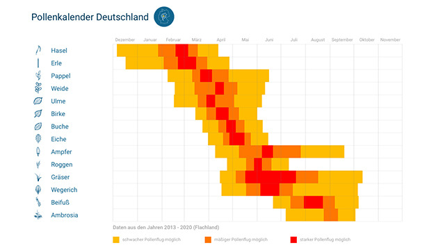 Pollenflugkalender 2022 f&uuml;r alle Personen mit Heuschnupfen