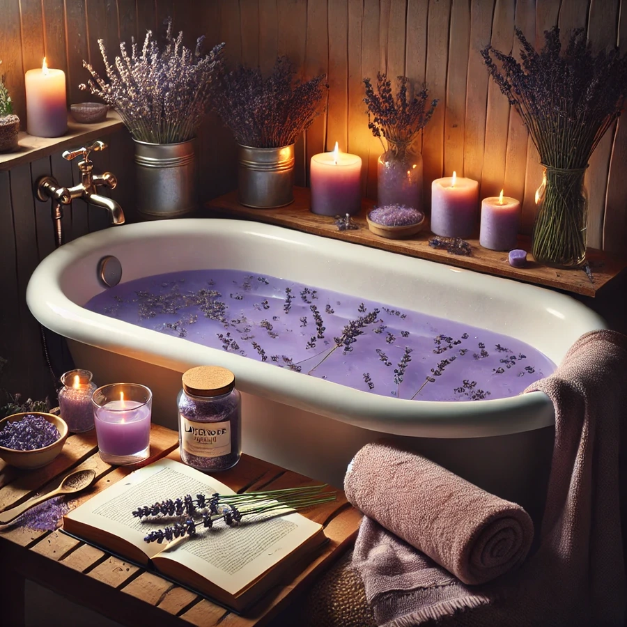 Eine Badewanne mit einem Lavendel Entspannungsbad